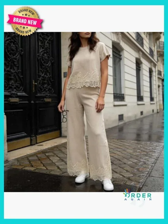 Knit Lace Pattern Top and Pants Set Chic Casual Loungewear Relaxed Fit - Picture 3 of 5
